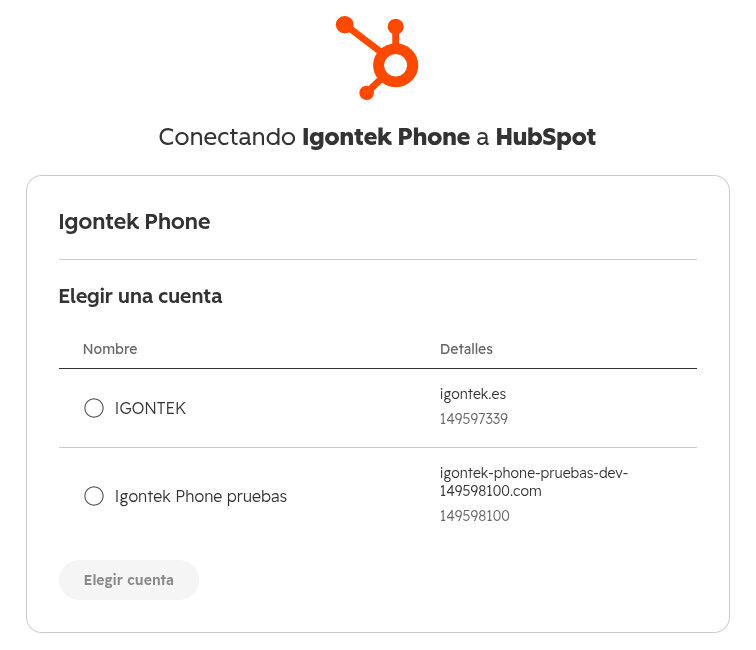 Pantalla de HubSpot Conectando Igontek Phone a HubSpot con la lista de cuentas