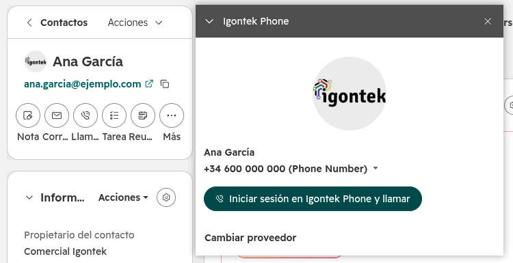 Ventana de llamada de HubSpot con Igontek Phone como proveedor y el botón Iniciar sesión en Igontek Phone y llamar