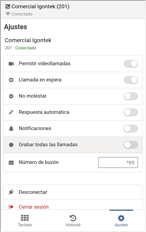 Pestaña Ajustes de Igontek Phone con las opciones del teléfono