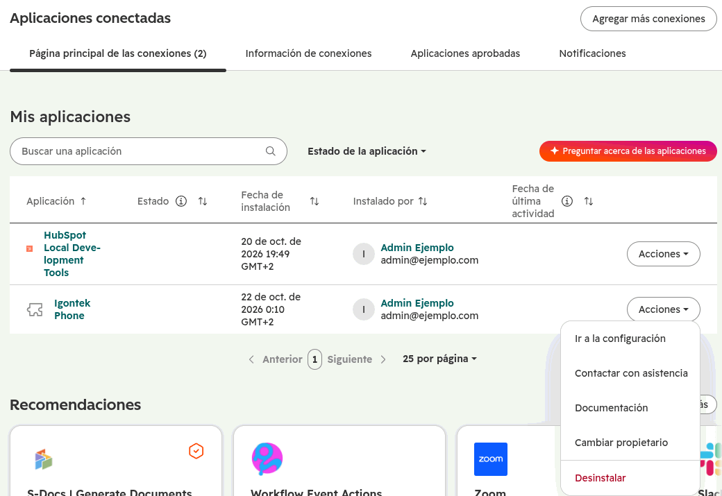 Lista de aplicaciones conectadas de HubSpot con el menú Acciones de Igontek Phone abierto y la opción Desinstalar