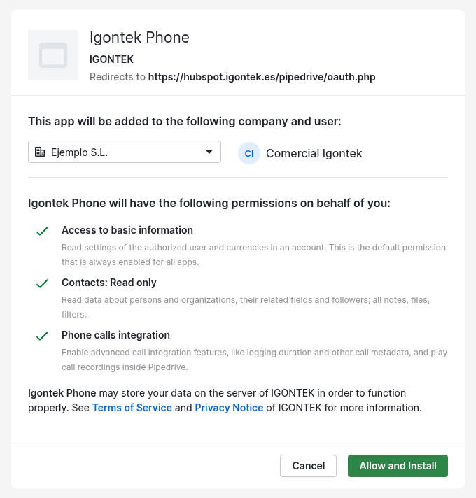 Pantalla de Pipedrive para instalar Igontek Phone con la empresa, el usuario y los permisos