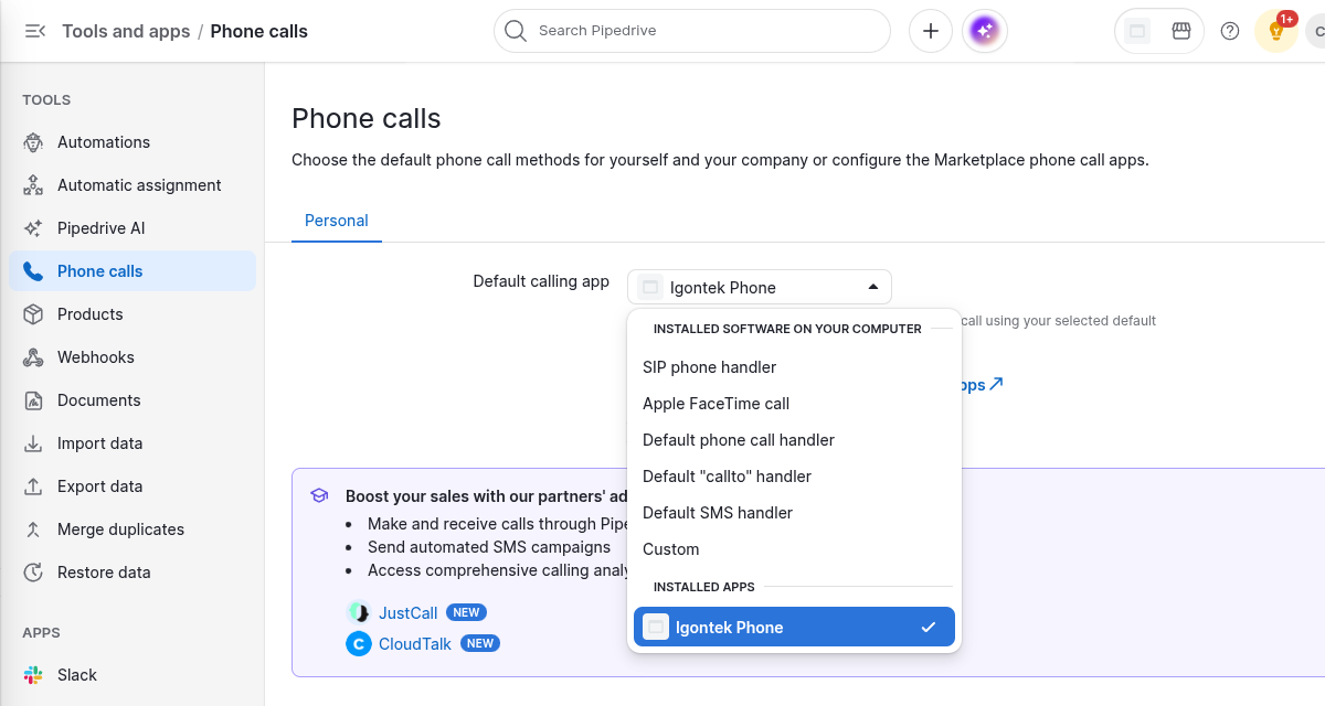 Ajustes de Phone calls de Pipedrive con Igontek Phone elegido como app de llamadas