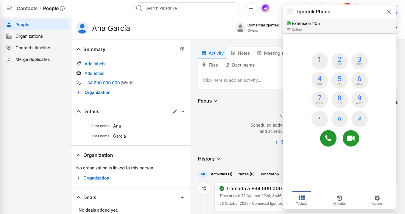 Ventana flotante de Igontek Phone abierta sobre la ficha de una persona de Pipedrive