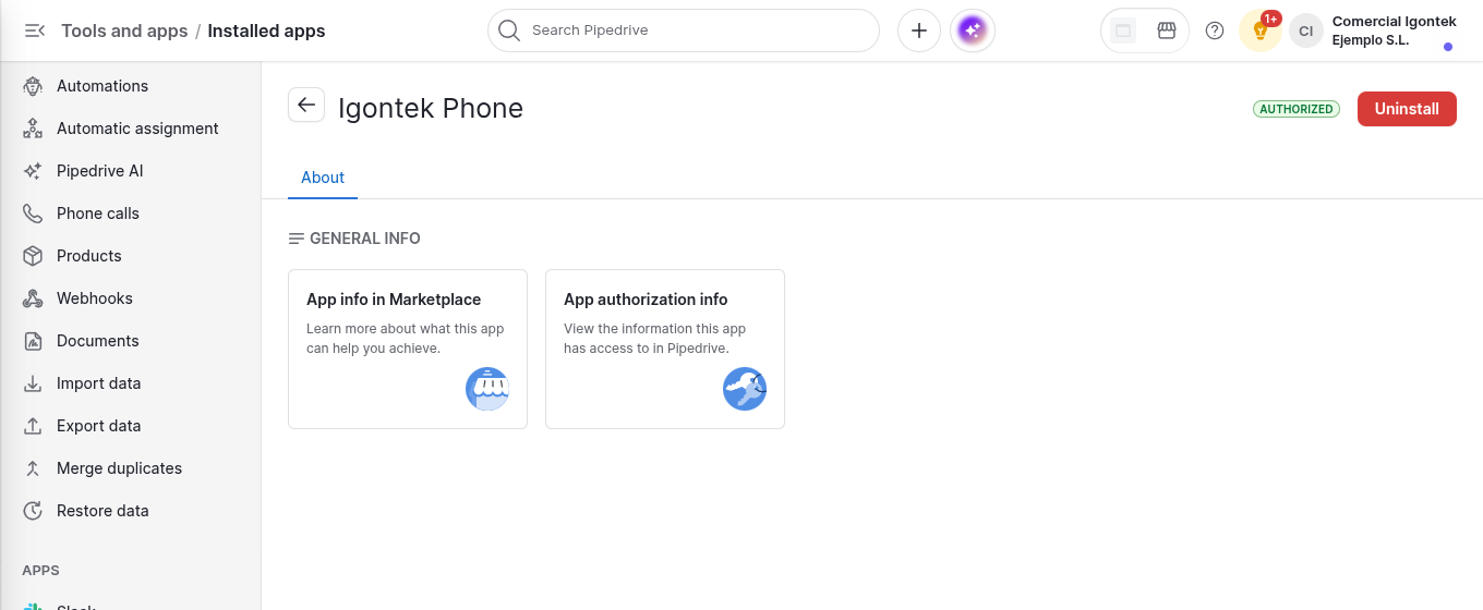 Página de Igontek Phone en Installed apps de Pipedrive con el botón Uninstall