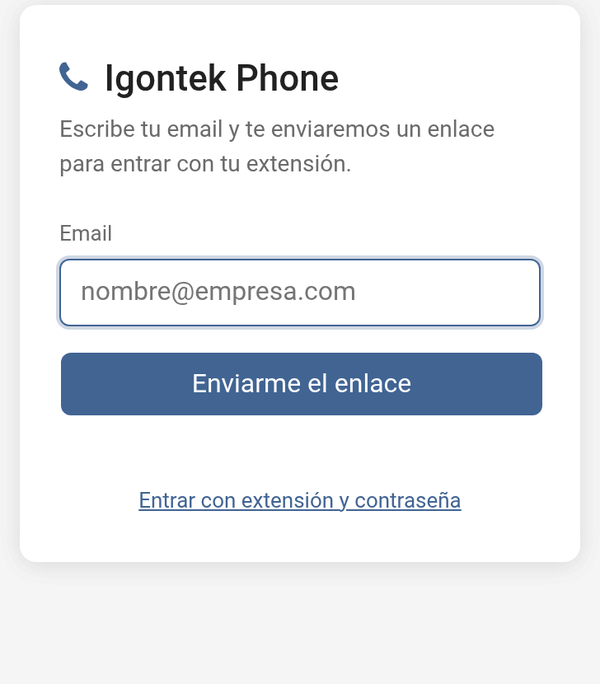 Pantalla de entrada de Igontek Phone con el campo de correo